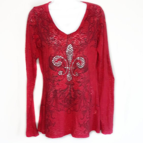 ROPER • Large red top v-neck long sleeve shirt western sequins sheer women's - Picture 7 of 7